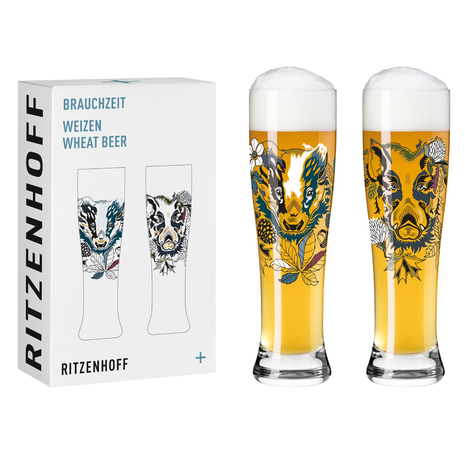 Zwei Weizengläser mit Tiermotiven und Schaumkrone, frontal abgebildet neben der Verpackung.