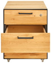 Rollcontainer aus Holz mit zwei Schubladen, eine davon geöffnet, Ansicht von vorne