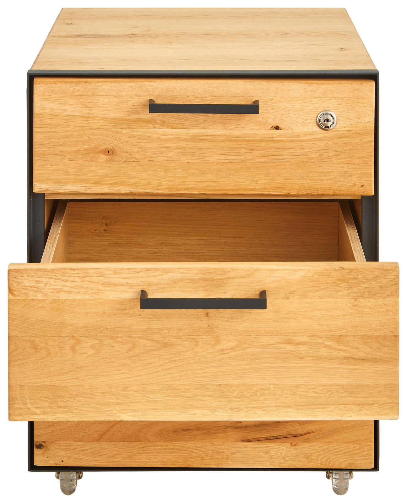 Rollcontainer aus Holz mit zwei Schubladen, eine davon geöffnet, Ansicht von vorne