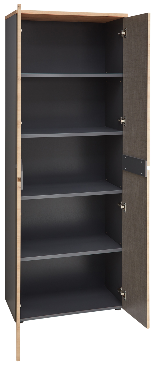 Offener Aktenschrank mit vier Regalböden, Holzrahmen und grauen Türen, Perspektive von vorne.