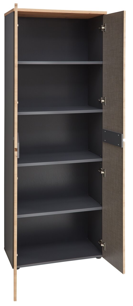 Offener Aktenschrank mit vier Regalböden, Holzrahmen und grauen Türen, Perspektive von vorne.