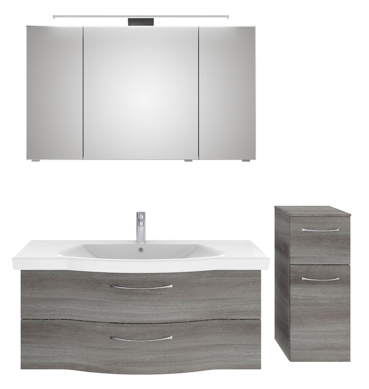Badezimmermöbel-Set bestehend aus einem großen Spiegelschrank mit Beleuchtung, einem Waschbeckenunterschrank mit zwei Schubladen und einem schmalen Hochschrank, in moderner Holzoptik, Frontalansicht.