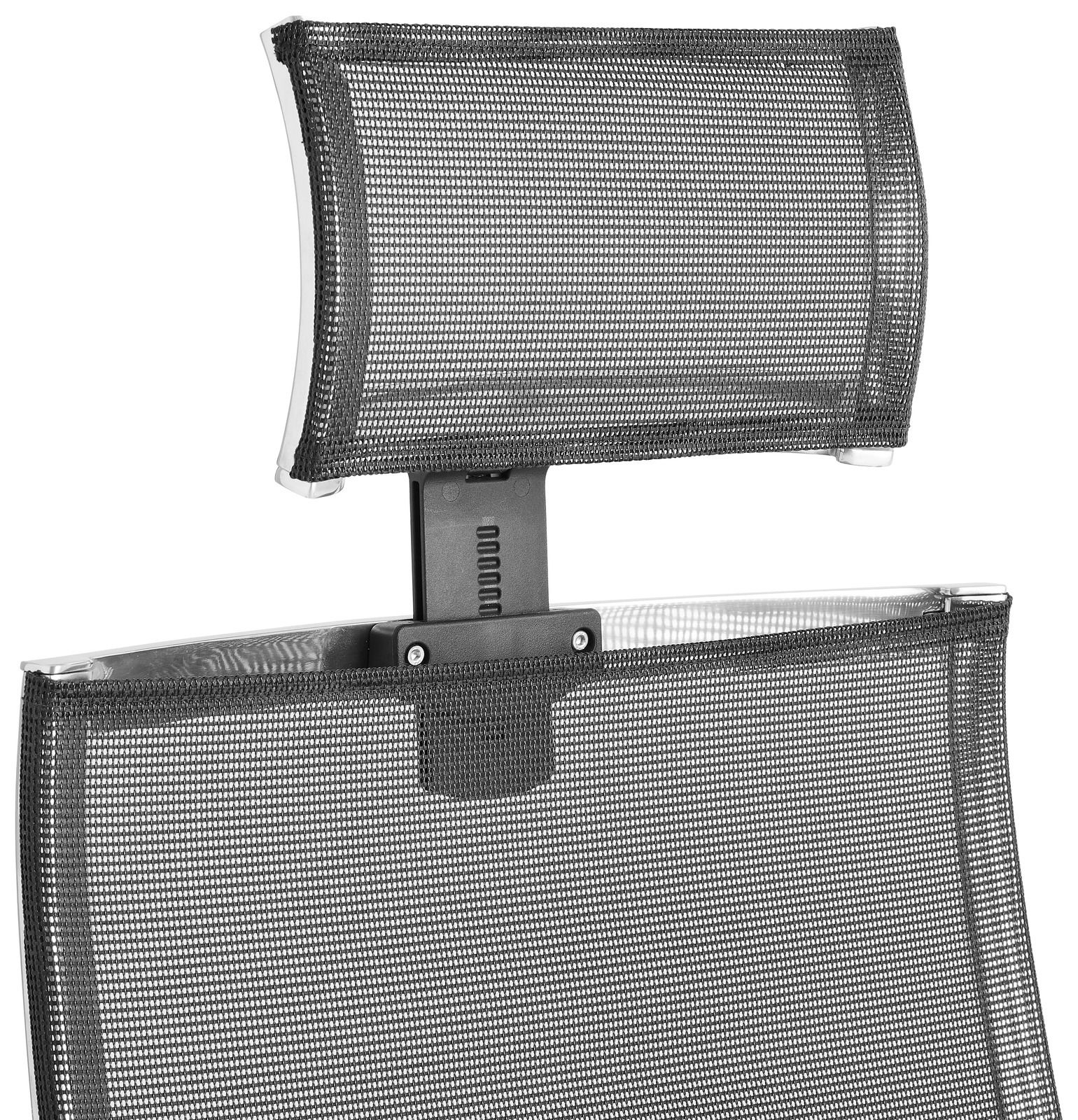 Rückansicht eines Bürostuhls mit Netzrückenlehne und verstellbarer Kopfstütze