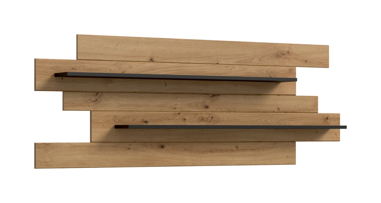 Modernes Wandregal aus naturfarbenem Holz mit versetzt angeordneten Brettern und zwei schwarzen Metallablagen, frontale Ansicht.