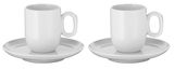 Zwei weiße Espressotassen mit Untertassen aus dem WMF Barista Set, frontal betrachtet.