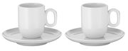 Zwei weiße Espressotassen mit Untertassen aus dem WMF Barista Set, frontal betrachtet.