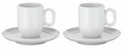 Zwei weiße Espressotassen mit Untertassen aus dem WMF Barista Set, frontal betrachtet.