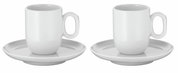 Zwei weiße Espressotassen mit Untertassen aus dem WMF Barista Set, frontal betrachtet.