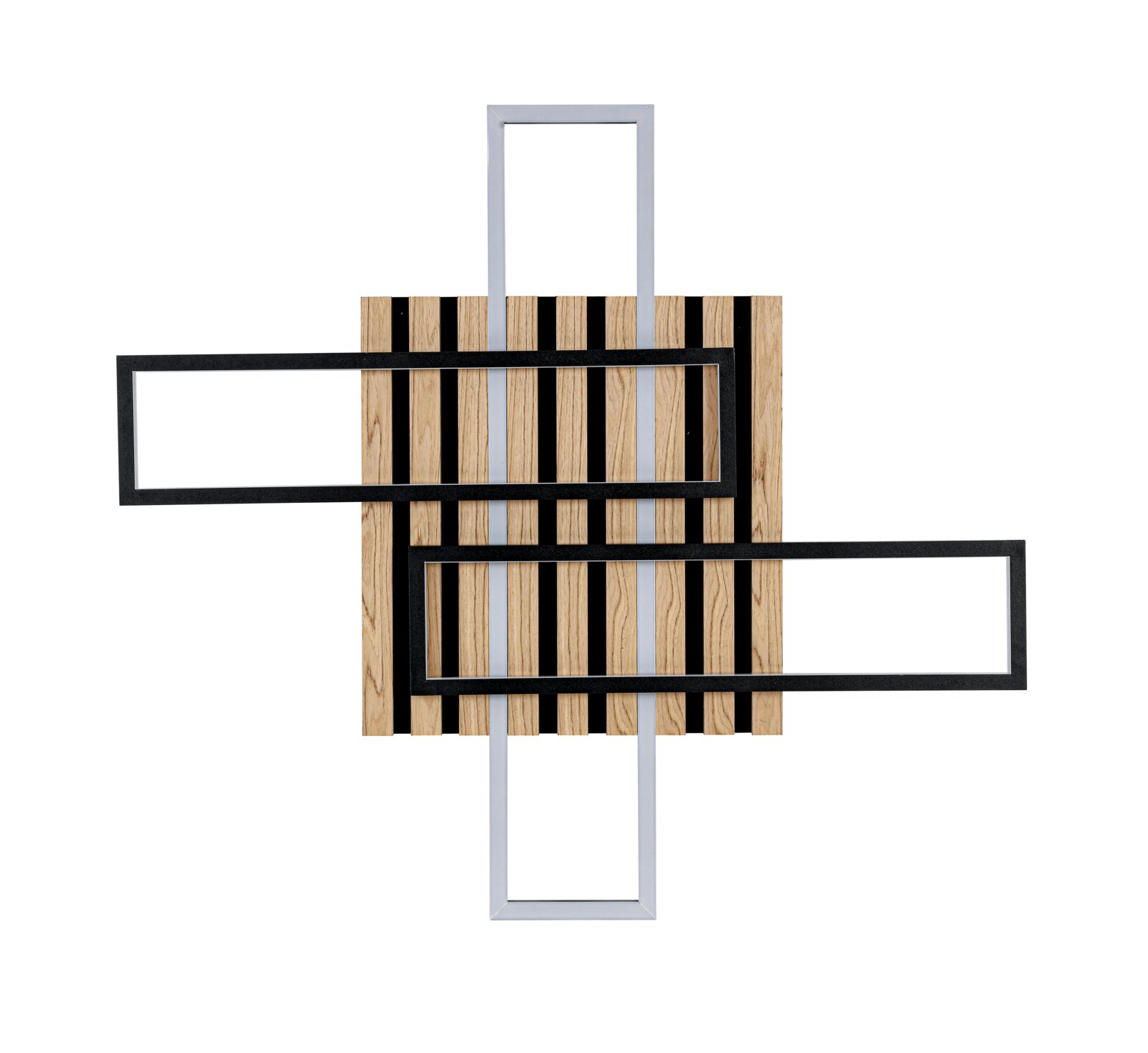 Moderne LED-Deckenleuchte mit geometrischem Design aus Holz und Metall, Draufsicht