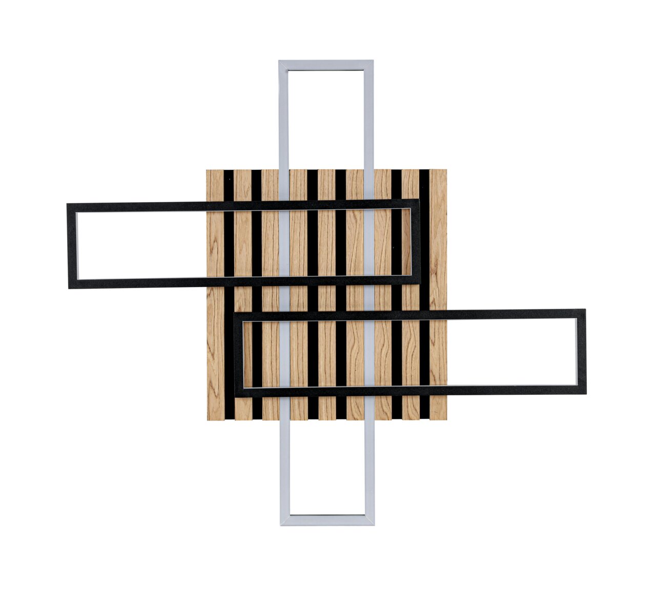 Moderne LED-Deckenleuchte mit geometrischem Design aus Holz und Metall, Draufsicht