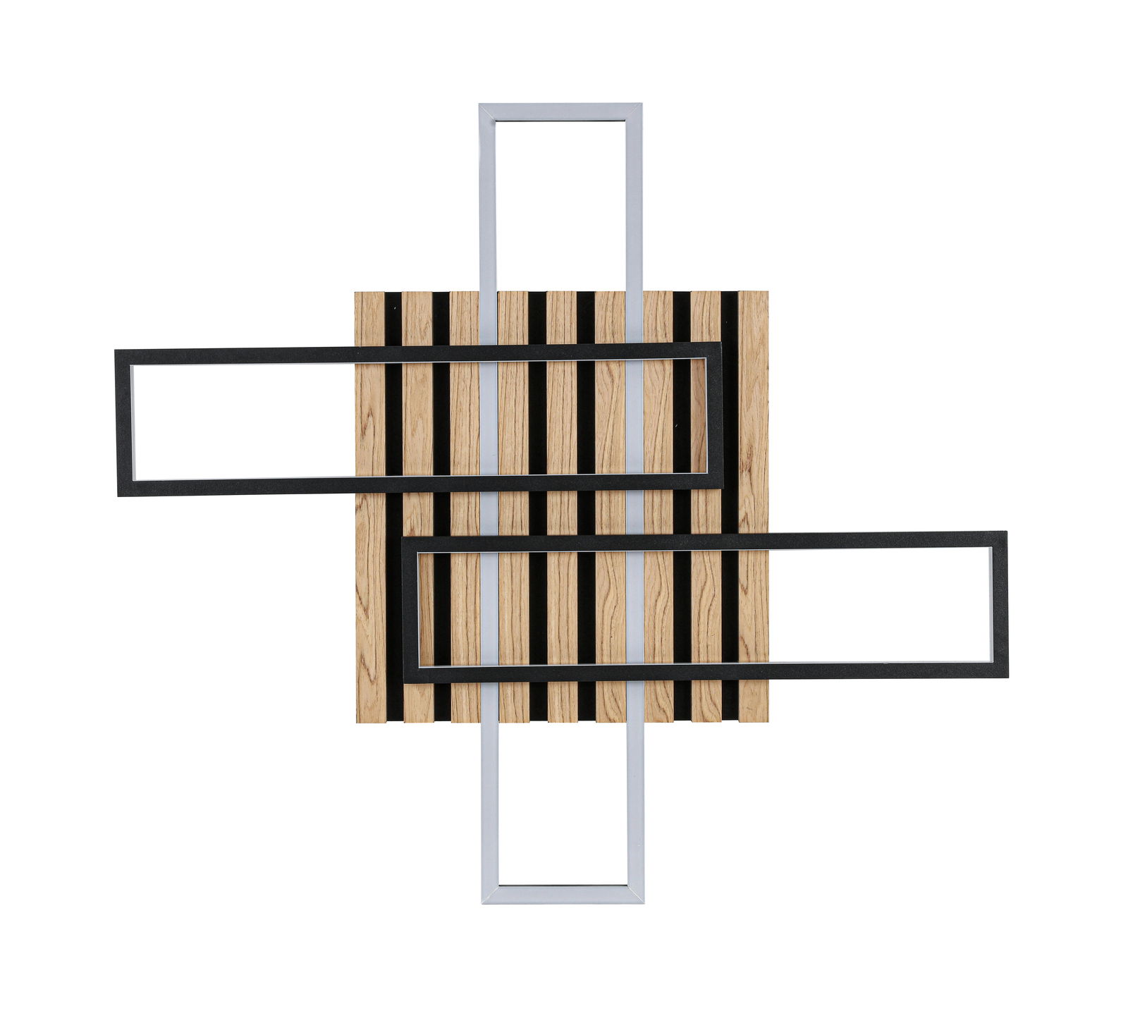 Moderne LED-Deckenleuchte mit geometrischem Design aus Holz und Metall, Draufsicht