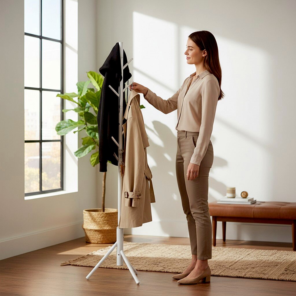 Weiße freistehende Garderobe mit mehreren Haken und Dreibeinfuß, mit Jacke und Mantel behängt, in hellem Wohnzimmer – seitliche Ansicht aus Augenhöhe.