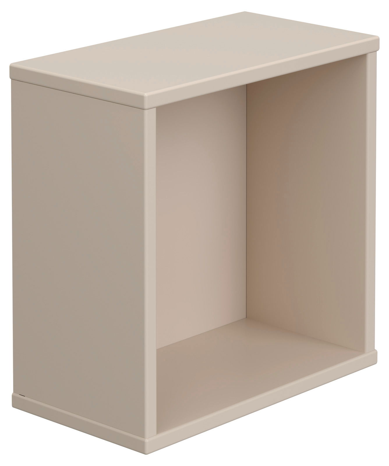 Beige quadratische Wandbox aus seitlicher Perspektive