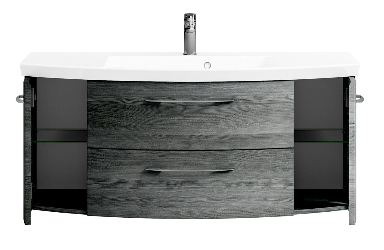 Moderner Waschtisch mit grauer Holzoptik, zwei Schubladen und offenen Seitentüren, Frontalansicht