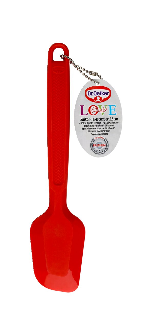 Roter Silikon-Teigschaber von Dr. Oetker, 22 cm, mit Etikett, Vorderansicht