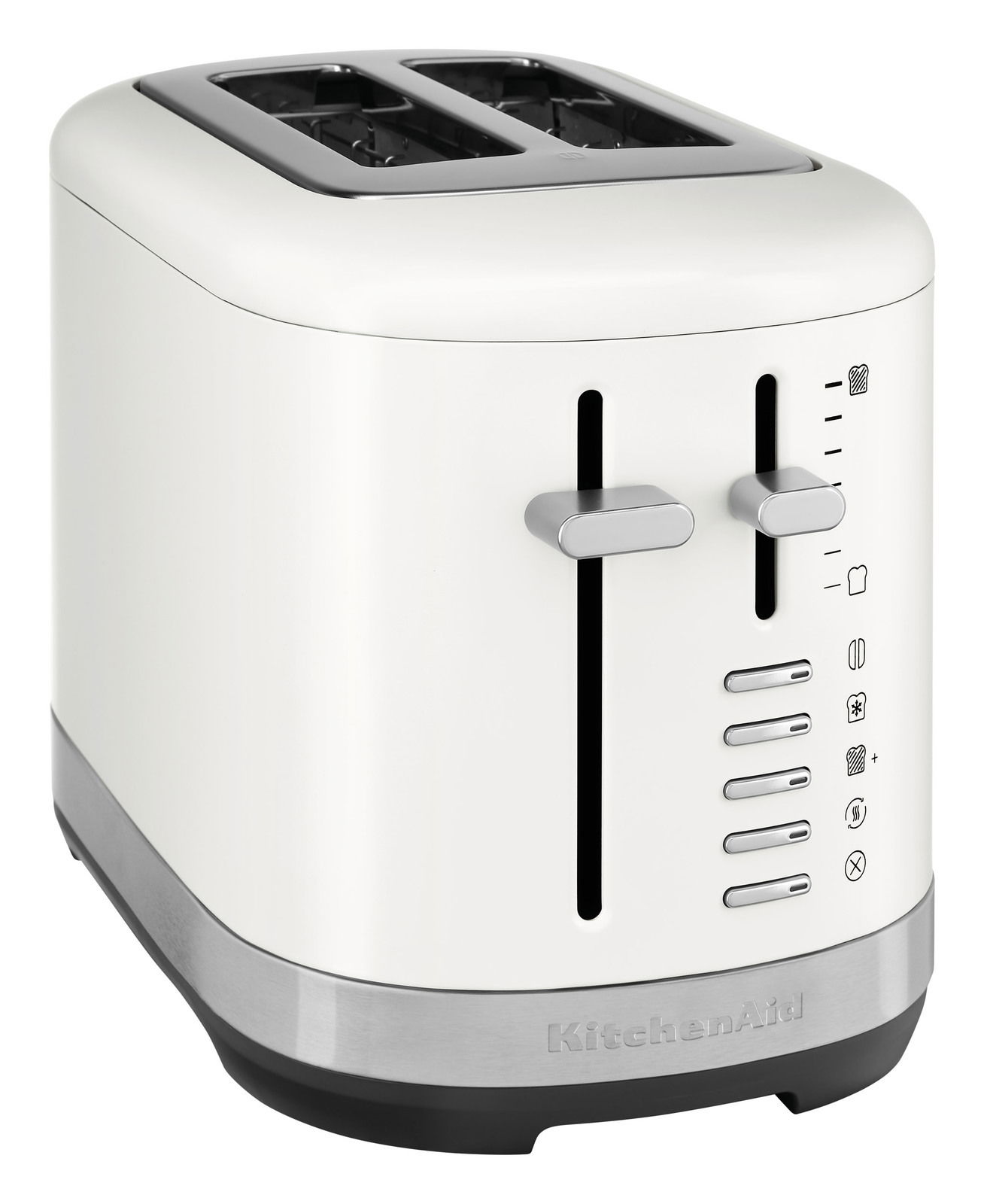 Weißer 2-Scheiben-Toaster mit manueller Steuerung, seitliche Ansicht