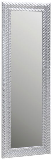 Rechteckiger Spiegel mit dekorativem Rahmen in silberner Farbe, frontal abgebildet.