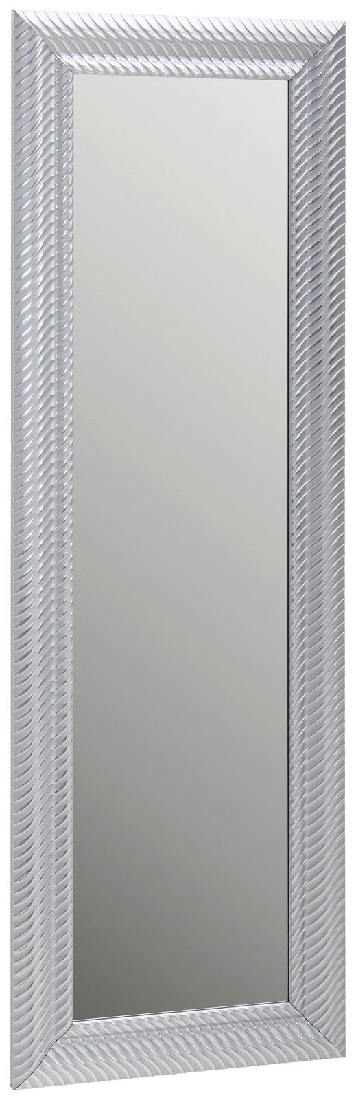 Rechteckiger Spiegel mit dekorativem Rahmen in silberner Farbe, frontal abgebildet.