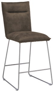 Moderner Barstuhl mit gepolstertem Sitz und Rückenlehne in dunklem Stoff, auf einem schlanken Metallgestell. Seitenansicht.