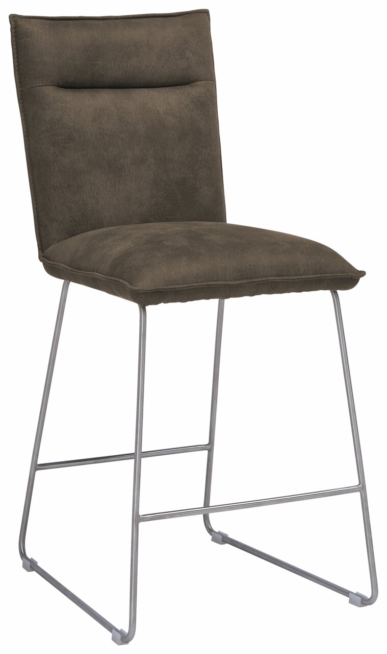 Moderner Barstuhl mit gepolstertem Sitz und Rückenlehne in dunklem Stoff, auf einem schlanken Metallgestell. Seitenansicht.