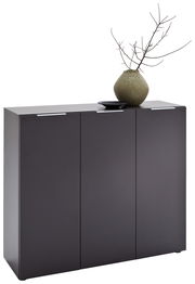 Moderner XL-Schuhschrank in dunklem Design mit drei Türen, dekoriert mit einer Vase und Zweigen, seitliche Perspektive