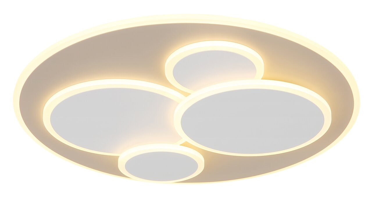 Moderne LED-Deckenleuchte mit drei runden, leuchtenden Elementen, seitliche Perspektive