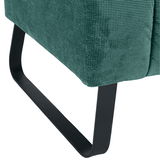 Nahaufnahme einer grünen 2,5er-Sitzbank mit schwarzem Metallfuß, seitliche Perspektive