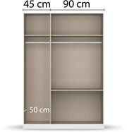 Drehtürenschrank 3-türig, Innenansicht mit Fächern und Kleiderstange, Maße 90 cm Breite, 50 cm Tiefe, 45 cm Höhe, frontale Perspektive