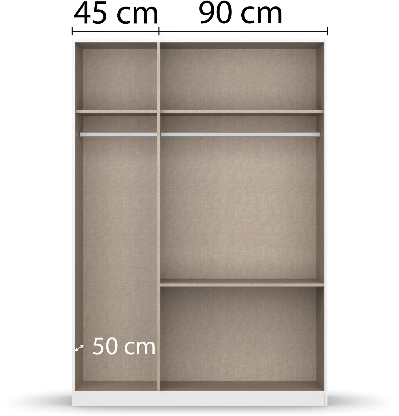 Drehtürenschrank 3-türig, Innenansicht mit Fächern und Kleiderstange, Maße 90 cm Breite, 50 cm Tiefe, 45 cm Höhe, frontale Perspektive