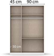 Drehtürenschrank 3-türig, Innenansicht mit Fächern und Kleiderstange, Maße 90 cm Breite, 50 cm Tiefe, 45 cm Höhe, frontale Perspektive