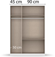 Drehtürenschrank 3-türig, Innenansicht mit Fächern und Kleiderstange, Maße 90 cm Breite, 50 cm Tiefe, 45 cm Höhe, frontale Perspektive