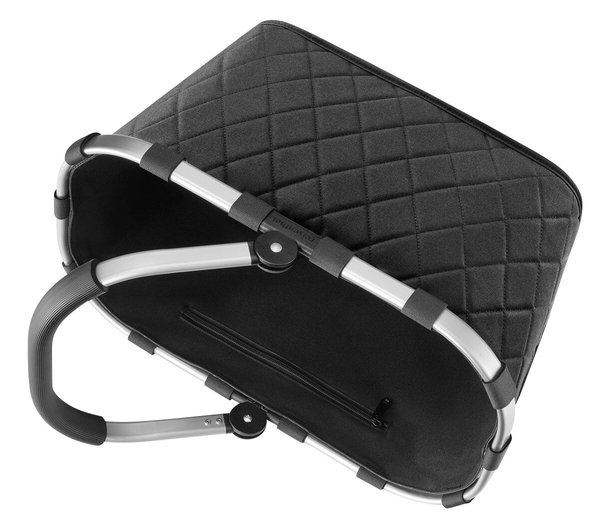 Schwarzer Einkaufskorb mit Rautenmuster, von oben betrachtet, mit Aluminiumrahmen und Tragegriff.