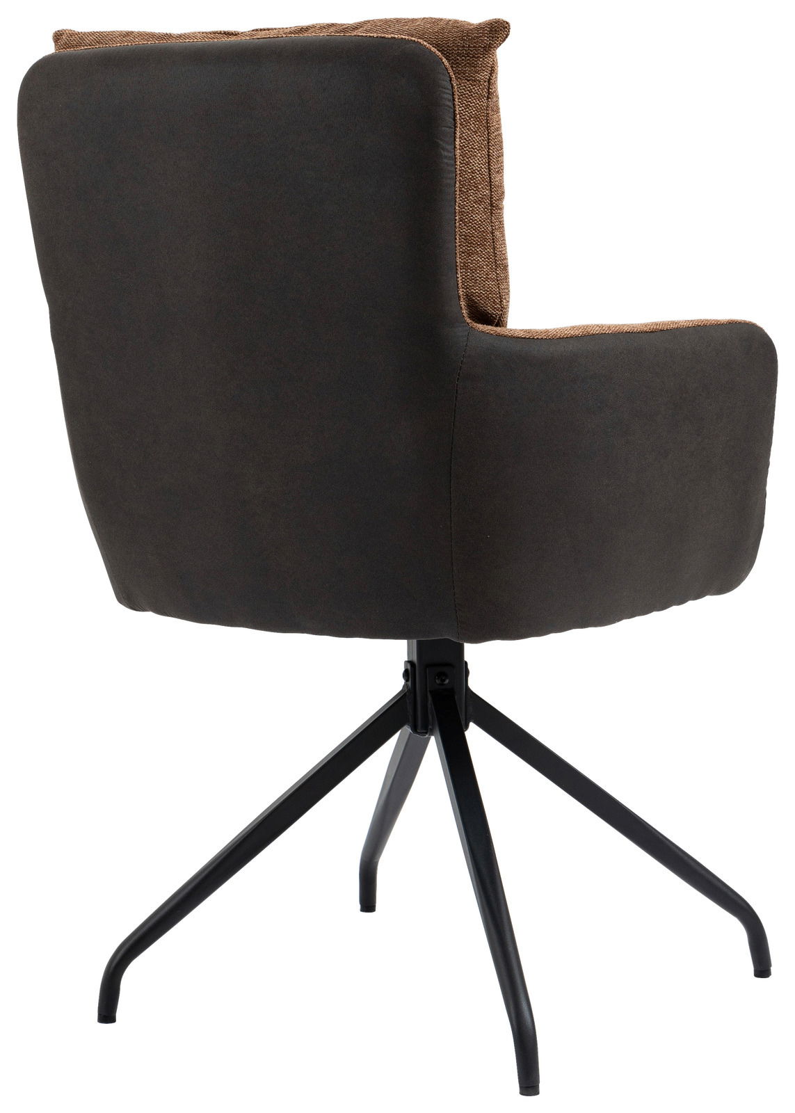 Rückansicht eines Sessels mit schwarzem Bezug und brauner Polsterung, auf einem schwarzen Metallgestell mit vier Beinen.