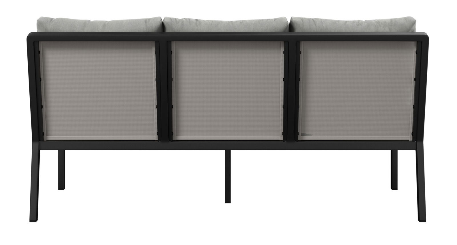 Rückansicht einer dreisitzigen Gartenbank mit grauen Kissen und schwarzem Rahmen