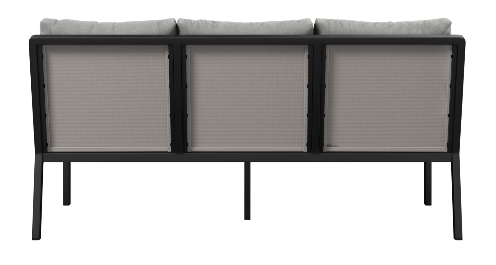 Achterkant van een tuinbank met drie zitplaatsen, grijze kussens en een zwart frame