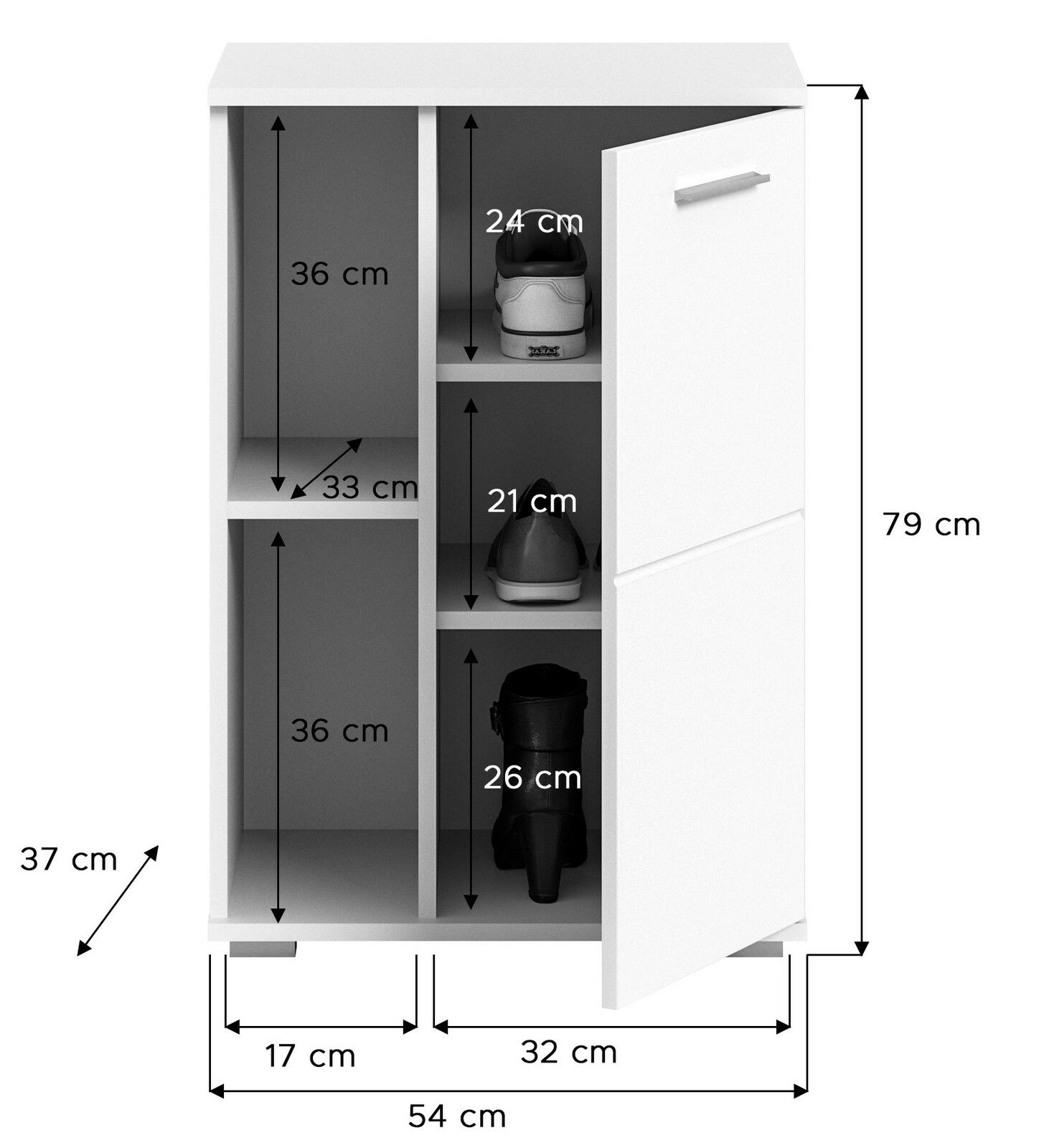 Weiße Garderobenkombination mit offenen Fächern und einer Tür, frontal abgebildet. Maße: 79 cm hoch, 54 cm breit, 37 cm tief.