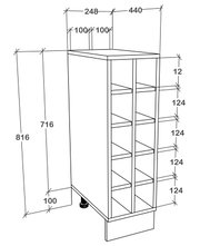 Technische Maßzeichnung eines schmalen Unterschranks mit Ablagefächern und verstellbarem Fuß, in schräger Perspektive von vorne rechts (3D-Ansicht), mit Bemaßungen.