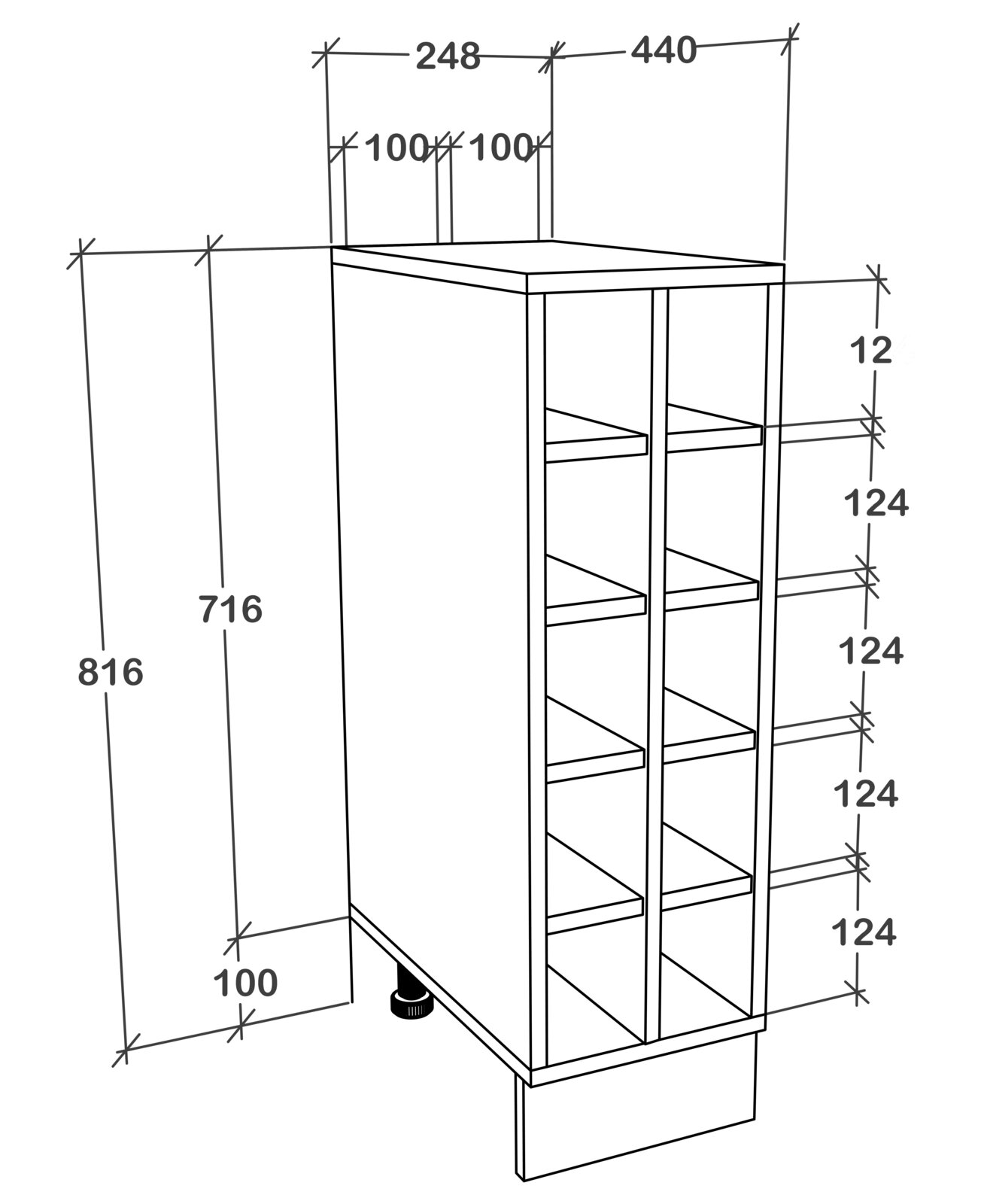 Technische Maßzeichnung eines schmalen Unterschranks mit Ablagefächern und verstellbarem Fuß, in schräger Perspektive von vorne rechts (3D-Ansicht), mit Bemaßungen.