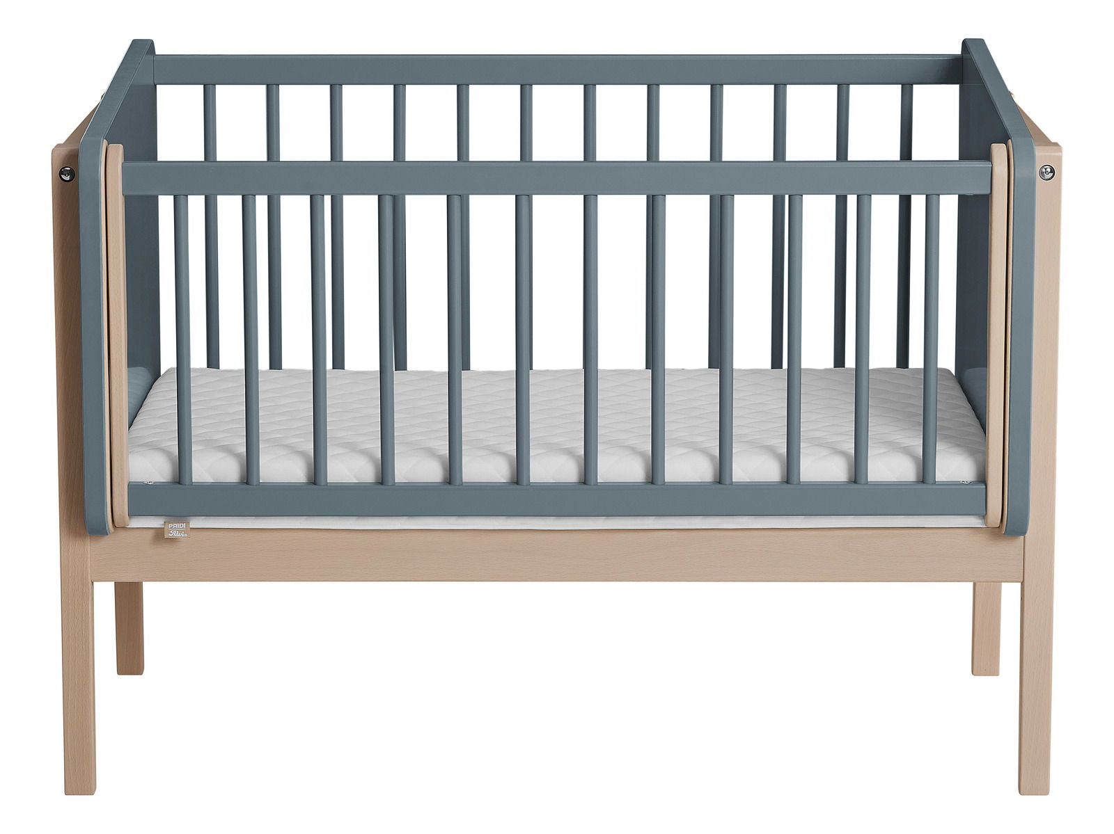 Anstellbett aus Holz mit grauen Gitterstäben, Vorderansicht