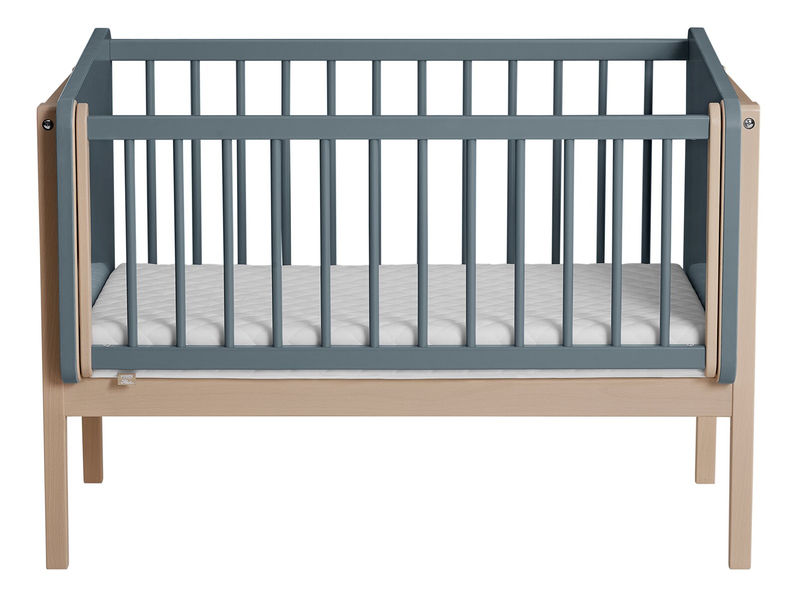 Houten opstapbed met grijze spijlen, vooraanzicht