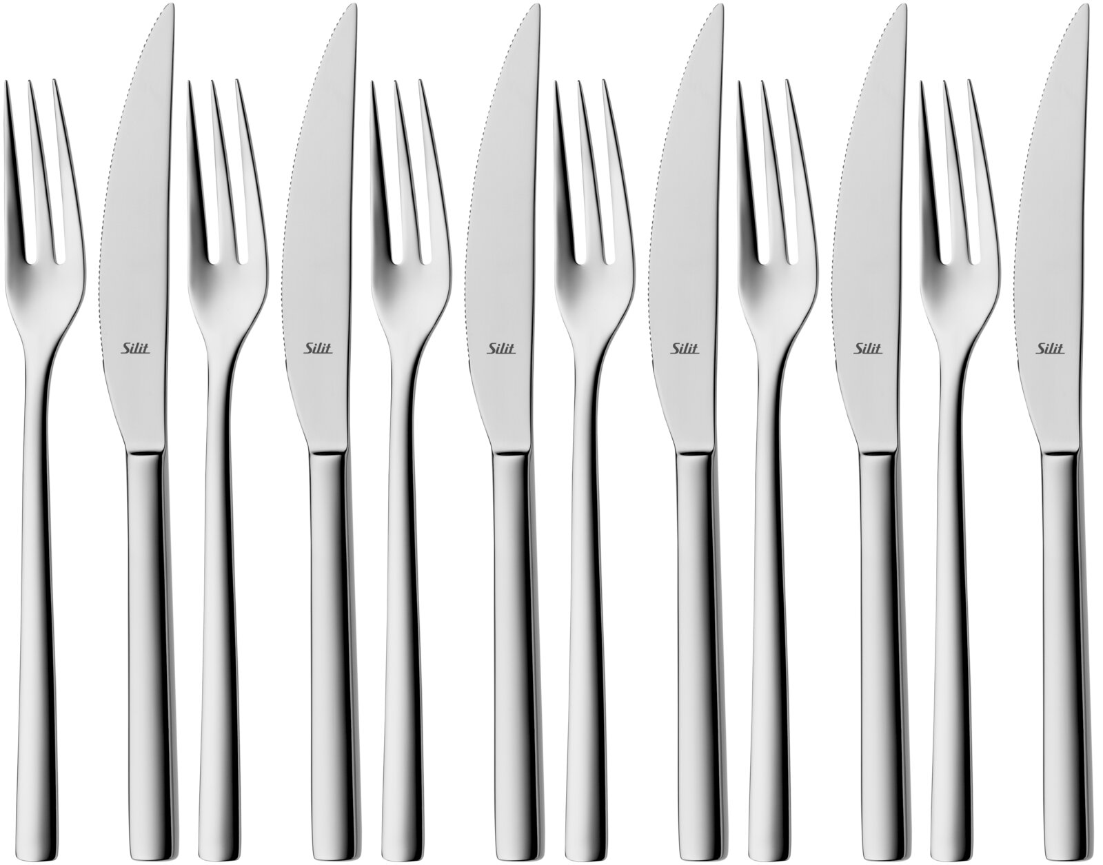 Silit Steakbesteck 12tlg. TREND Poliertes Edelstahl-Besteckset mit Gabeln und Messern der Marke Silit, frontal von oben auf weißem Hintergrund angeordnet