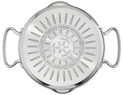 Ansicht von oben auf den Boden eines Edelstahltopfs mit Thermo-Fusion-Technologie und zwei Griffen.