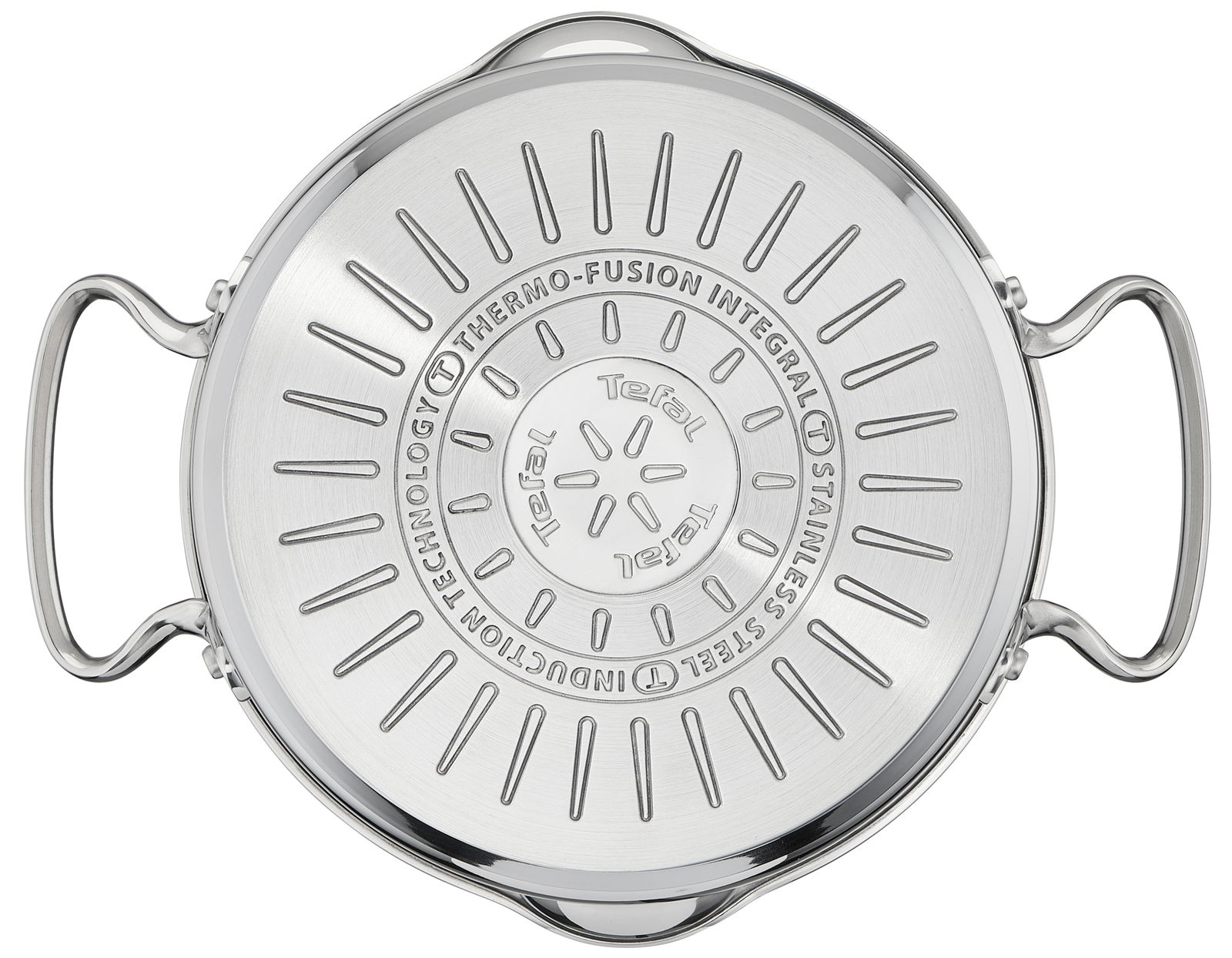 Ansicht von oben auf den Boden eines Edelstahltopfs mit Thermo-Fusion-Technologie und zwei Griffen.