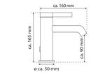 Technische Zeichnung einer Waschtischarmatur in Seitenansicht mit Maßen: Höhe ca. 165 mm, Ausladung ca. 160 mm, Auslaufhöhe ca. 90 mm, Sockeldurchmesser ca. 50 mm.