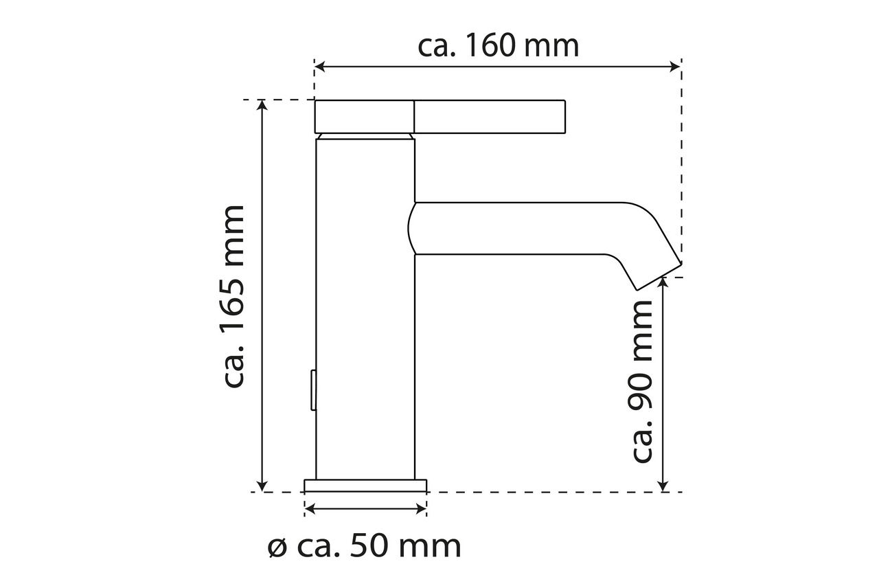 Technische Zeichnung einer Waschtischarmatur in Seitenansicht mit Maßen: Höhe ca. 165 mm, Ausladung ca. 160 mm, Auslaufhöhe ca. 90 mm, Sockeldurchmesser ca. 50 mm.