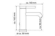 Technische Zeichnung einer Waschtischarmatur in Seitenansicht mit Maßen: Höhe ca. 165 mm, Ausladung ca. 160 mm, Auslaufhöhe ca. 90 mm, Sockeldurchmesser ca. 50 mm.