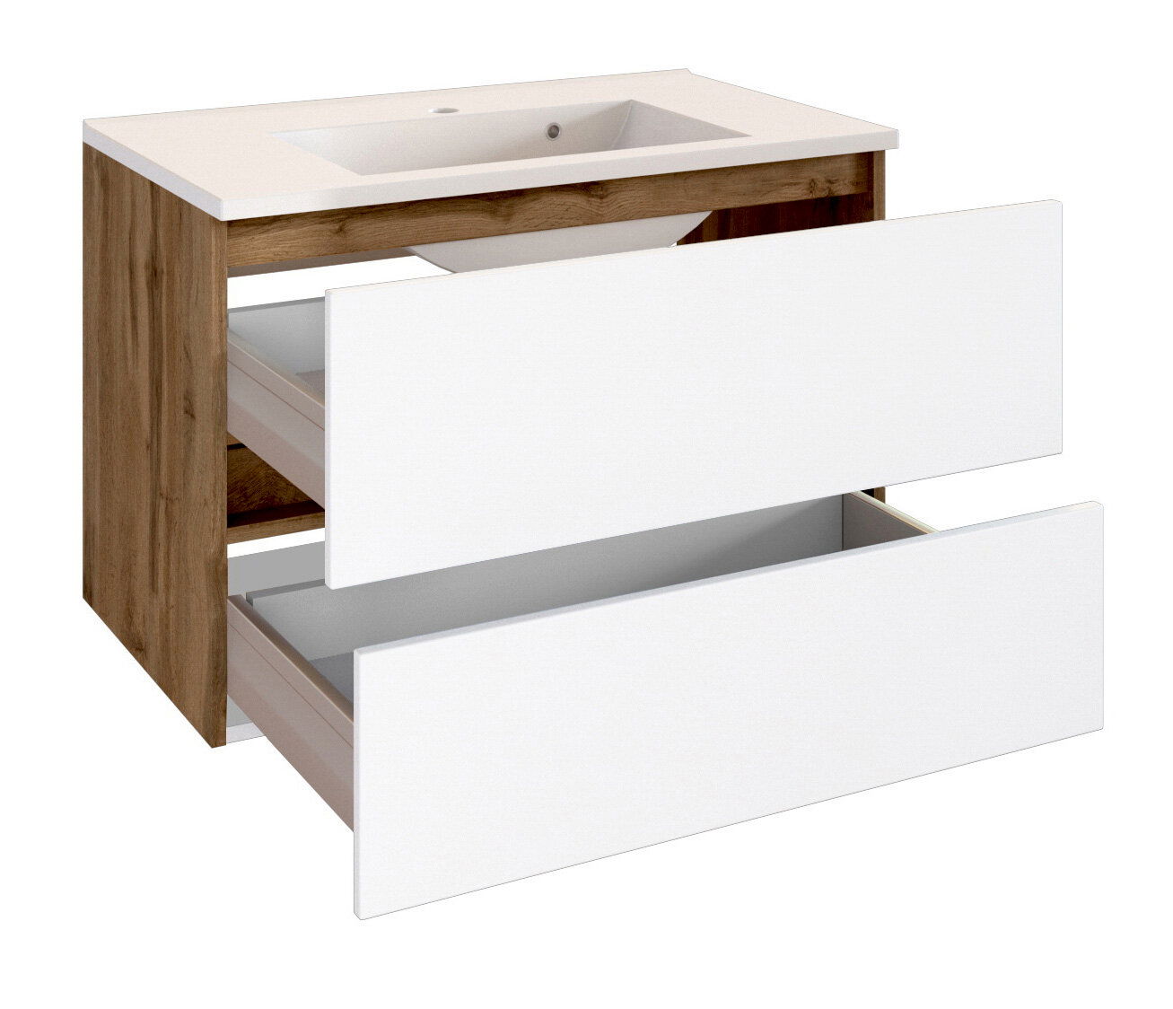 XORA Waschplatz LUCCA Moderner Waschplatz mit Holzoptik und weißen Schubladen, seitliche Perspektive