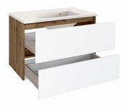 Moderner Waschplatz mit Holzoptik und weißen Schubladen, seitliche Perspektive