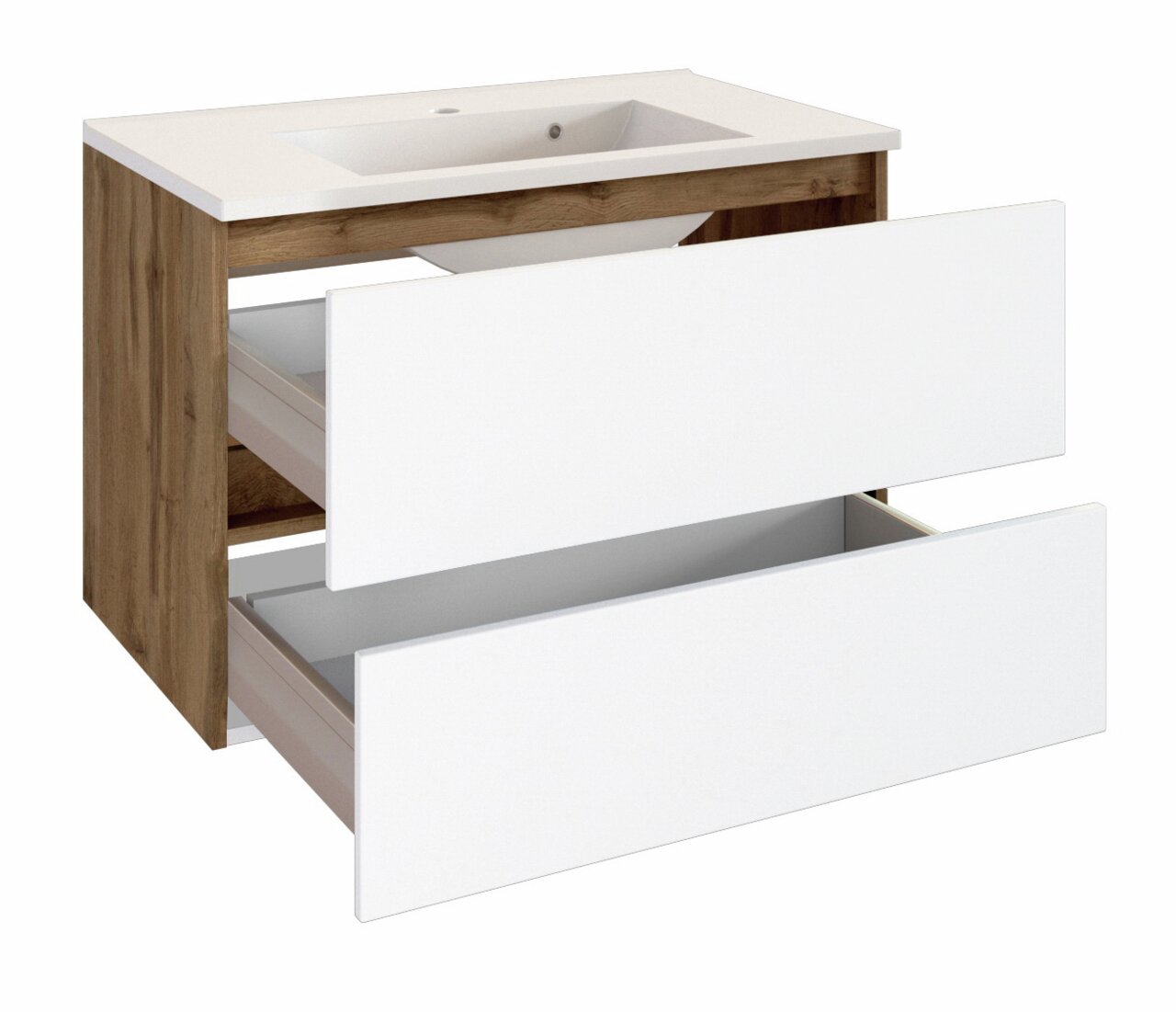 Moderner Waschplatz mit Holzoptik und weißen Schubladen, seitliche Perspektive
