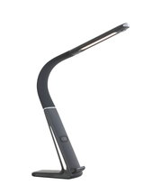 Moderne LED-Schreibtischleuchte in seitlicher Perspektive mit geschwungenem Design und schwarzem Finish.